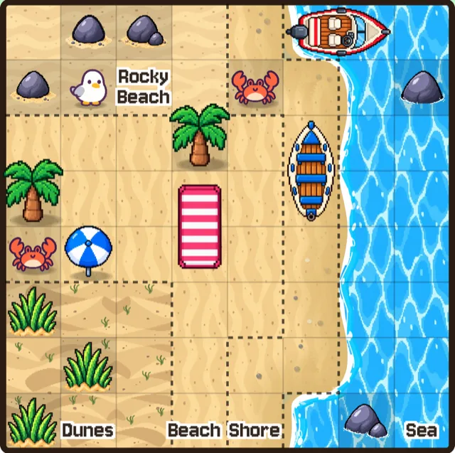 The Cove: rocky beach, dunes, shore and sea with boats and crabs